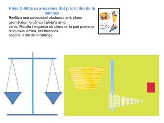 Possibilitats expressives del pla: la llei de la balança Realitza una composició abstracta amb plans geomètrics i orgànics i pinta’ls amb ceres. Retalla i enganxa els plans en la part posterior d’aquesta làmina, col·locantlos segons la llei de la balança. 