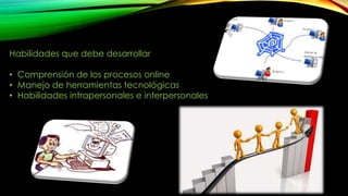 Habilidades que debe desarrollar 
• Comprensión de los procesos online 
• Manejo de herramientas tecnológicas 
• Habilidades intrapersonales e interpersonales 
 