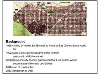Background
1928-shifting of market Els Encants to Placa de Les Glòries due to world
fair
1992-placa de les glories became traffic junction
proposal to shift the market
2008-Barcelona city council guaranteed that Els Encants would
become part of the new Les Glòries
2010-start of construction
2013-completion of work
 
