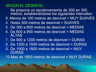SEGÚN EL DESNIVEL   Se propone un escalonamiento de 300 en 300 metros, estableciéndose los siguientes intervalos:  0. Menos de 100 metros de desnivel = MUY SUAVES  Hasta 300 metros de desnivel = SUAVES  De 300 a 600 metros de desnivel = MEDIAS  De 600 a 900 metros de desnivel = MEDIAS ALTAS  De 900 a 1200 metros de desnivel = DURAS  De 1200 a 1500 metros de desnivel = DURAS  De 1500 a 1800 metros de desnivel = MUY DURAS  Mas de 1800 metros de desnivel = MUY DURAS  