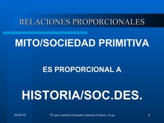 RELACIONES PROPORCIONALES MITO/SOCIEDAD PRIMITIVA ES PROPORCIONAL A HISTORIA/SOC.DES. 