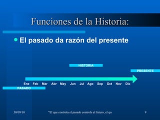 Funciones de la Historia: El pasado da razón del presente Ene Feb Mar Abr May Jun Jul Sep Oct Nov Dic PASADO HISTORIA PRESENTE Ago 