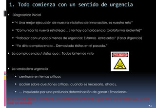 1. Todo comienza con un sentido de urgencia 
•4 
• Diagnostico inicial 
•“< Una mejor ejecución de nuestra iniciativa de innovación, es nuestro reto” 
• “Comunicar la nueva estrategia .. ; no hay complacencia (plataforma ardiente)“ 
• “Trabajar con un poco menos de urgencia; Estamos estresados” (Falsa Urgencia) 
• “Yo diría complacencia .. Demasiado éxitos en el pasado.” 
•La complacencia / status quo : Todos la hemos visto 
•La verdadera urgencia 
•centrarse en temas críticos 
•acción sobre cuestiones críticas, cuando es necesaria, ahora ¡. 
•… impulsada por una profunda determinación de ganar : Emociones 
En un mundo rápido y cambiante, una satisfacción soñolienta o poco firme con el status quo, puede crear un desastre.  