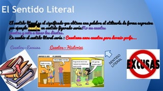 El sentido literal es el significado que obtiene una palabra al utilizarla de forma expresiva
por ejemplo cuentos en sentido figurado sería:No me cuentes
cuentos y vete a lavar los dientes.
En cambio el sentido literal sería : Cuentame unos cuentos para dormir porfa...
Cuentos=Excusas Cuentos=Historias
El Sentido Literal
SENTIDO
LITERAL
 