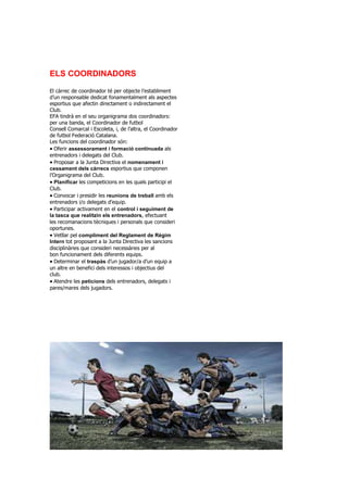 ELS COORDINADORS
El càrrec de coordinador té per objecte l’establiment
d’un responsable dedicat fonamentalment als aspectes
esportius que afectin directament o indirectament el
Club.
EFA tindrà en el seu organigrama dos coordinadors:
per una banda, el Coordinador de futbol
Consell Comarcal i Escoleta, i, de l’altra, el Coordinador
de futbol Federació Catalana.
Les funcions del coordinador són:
Oferir assessorament i formació continuada als
entrenadors i delegats del Club.
Proposar a la Junta Directiva el nomenament i
cessament dels càrrecs esportius que componen
l’Organigrama del Club.
Planificar les competicions en les quals participi el
Club.
Convocar i presidir les reunions de treball amb els
entrenadors i/o delegats d’equip.
Participar activament en el control i seguiment de
la tasca que realitzin els entrenadors, efectuant
les recomanacions tècniques i personals que consideri
oportunes.
Vetllar pel compliment del Reglament de Règim
Intern tot proposant a la Junta Directiva les sancions
disciplinàries que consideri necessàries per al
bon funcionament dels diferents equips.
Determinar el traspàs d’un jugador/a d’un equip a
un altre en benefici dels interessos i objectius del
club.
Atendre les peticions dels entrenadors, delegats i
pares/mares dels jugadors.
 