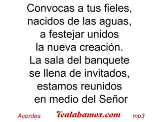 Convocas a tus fieles,
nacidos de las aguas,
a festejar unidos
la nueva creación.
La sala del banquete
se llena de invitados,
estamos reunidos
en medio del Señor
 