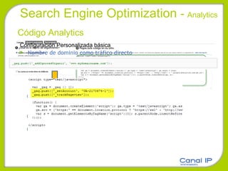 Search Engine Optimization  -  Analytics Código Analytics Configuración Personalizada básica Nombre de dominio como tráfico directo 