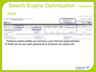 Search Engine Optimization  -  Analytics Perfil Podemos añadir perfiles por dominios o por informes personalizados El Perfil nos da una visión general de la evolución de nuestro site 