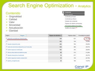 Search Engine Optimization  -  Analytics Contenido Originalidad Calidad Valor Sinceridad Actualización Claridad 