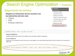 Search Engine Optimization  -  Analytics Seguimiento de eventos Registra la interacción de los usuarios con los elementos del sitio web: Videos PDF Enlaces externos 
