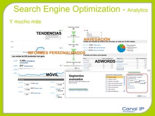 Search Engine Optimization  -  Analytics Y mucho más TENDENCIAS   NAVEGACIÓN INFORMES PERSONALIZADOS ADWORDS MÓVIL 