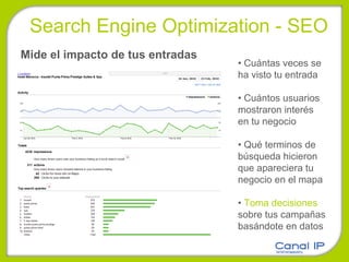 Mide el impacto de tus entradas •  Cuántas veces se ha visto tu entrada •  Cuántos usuarios mostraron interés en tu negocio •  Qué terminos de búsqueda hicieron que apareciera tu negocio en el mapa •  Toma decisiones  sobre tus campañas basándote en datos Search Engine Optimization - SEO 