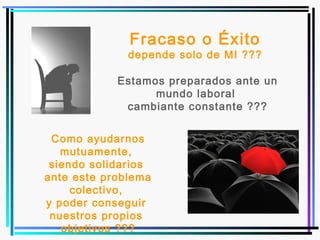 Estamos preparados ante un
mundo laboral
cambiante constante ???
Como ayudarnos
mutuamente,
siendo solidarios
ante este problema
colectivo,
y poder conseguir
nuestros propios
objetivos ???
Fracaso o Éxito
depende solo de MI ???
 