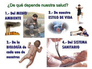 ¿De qué depende nuestra salud? 1.- Del MEDIO AMBIENTE 2.- De nuestro ESTILO DE VIDA 3.- De la BIOLOGÍA de cada uno de noso...