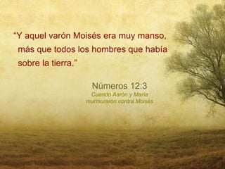 “Y aquel varón Moisés era muy manso,
 más que todos los hombres que había
 sobre la tierra.”

                       Números 12:3
                      Cuando Aarón y María
                     murmuraron contra Moisés
 