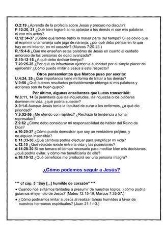 O.2:19 ¿Aprendo de la profecía sobre Jesús y procuro no discutir?
P.12:20, 21 ¿Qué bien lograré al no aplastar a los demás ni con mis palabras
ni con mis actos?
Q.12:34-37 ¿Sobre qué temas hablo la mayor parte del tiempo? Si es obvio que
al exprimir una naranja sale jugo de naranja, ¿por qué debo pensar en lo que
hay en mi interior, en mi corazón? (Marcos 7:20-23.)
R.15:4-6 ¿Qué me enseñan estas palabras de Jesús en cuanto al cuidado
amoroso de las personas de edad avanzada?
S.19:13-15 ¿A qué debo dedicar tiempo?
T.20:25-28 ¿Por qué es infructuoso ejercer la autoridad por el simple placer de
ejercerla? ¿Cómo puedo imitar a Jesús a este respecto?
            Otros pensamientos que Marcos puso por escrito:
U.4:24, 25 ¿Qué importancia tiene mi forma de tratar a los demás?
V.9:50 ¿Qué buenos resultados probablemente obtenga si mis palabras y
acciones son de buen gusto?
           Por último, algunas enseñanzas que Lucas transcribió:
W.8:11, 14 Si permitiera que las inquietudes, las riquezas o los placeres
dominen mi vida, ¿qué podría suceder?
X.9:1-6 Aunque Jesús tenía la facultad de curar a los enfermos, ¿a qué dio
prioridad?
Y.9:52-56 ¿Me ofendo con rapidez? ¿Rechazo la tendencia a tomar
represalias?
Z.9:62 ¿Cómo debo considerar mi responsabilidad de hablar del Reino de
Dios?
a.10:29-37 ¿Cómo puedo demostrar que soy un verdadero prójimo, y
no alguien insensible?
b.11:33-36 ¿Qué cambios podría efectuar para simplificar mi vida?
c.12:15 ¿Qué relación existe entre la vida y las posesiones?
d.14:28-30 Si me tomara el tiempo necesario para meditar bien mis decisiones,
¿qué podría evitar, y cómo me beneficiaría de ello?
e.16:10-12 ¿Qué beneficios me producirá ser una persona íntegra?


                ¿Cómo podemos seguir a Jesús?

*** cf cap. 3 “Soy [...] humilde de corazón” ***
  Cuando nos sintamos tentados a presumir de nuestros logros, ¿cómo podría
guiarnos el ejemplo de Jesús? (Mateo 12:15-19; Marcos 7:35-37.)
 ¿Cómo podríamos imitar a Jesús al realizar tareas humildes a favor de
 nuestros hermanos espirituales? (Juan 21:1-13.)
 
