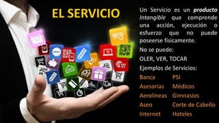 Un Servicio es un producto
Intangible que comprende
una acción, ejecución o
esfuerzo que no puede
poseerse físicamente.
No se puede:
OLER, VER, TOCAR
Ejemplos de Servicios:
Banca PSI
Asesorías Médicos
Aerolíneas Gimnasios
Aseo Corte de Cabello
Internet Hoteles
EL SERVICIO
 