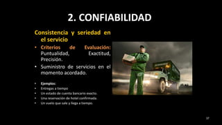 2. CONFIABILIDAD
Consistencia y seriedad en
el servicio
• Criterios de Evaluación:
Puntualidad, Exactitud,
Precisión.
• Suministro de servicios en el
momento acordado.
• Ejemplos:
• Entregas a tiempo
• Un estado de cuenta bancario exacto.
• Una reservación de hotel confirmada.
• Un vuelo que sale y llega a tiempo.
37
 