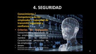 4. SEGURIDAD
Conocimiento /
Competencia de los
empleados y capacidad de
transmitir seguridad y
confianza.
• Criterios de Evaluación:
Conocimiento y capacidades de
los empleados. Reputación y
nombre de la empresa.
Características personales de
los empleados.
• Ejemplos:
• Empleados bien entrenados - Buena apariencia
física tanto personal como de dotación
39
 