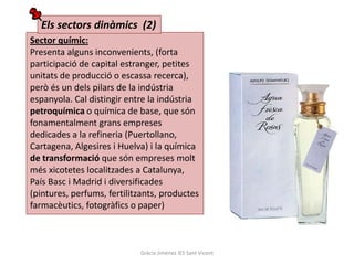 Els sectors dinàmics (2)
Sector químic:
Presenta alguns inconvenients, (forta
participació de capital estranger, petites
unitats de producció o escassa recerca),
però és un dels pilars de la indústria
espanyola. Cal distingir entre la indústria
petroquímica o química de base, que són
fonamentalment grans empreses
dedicades a la refineria (Puertollano,
Cartagena, Algesires i Huelva) i la química
de transformació que són empreses molt
més xicotetes localitzades a Catalunya,
País Basc i Madrid i diversificades
(pintures, perfums, fertilitzants, productes
farmacèutics, fotogràfics o paper)



                            Gràcia Jiménez IES Sant Vicent
 