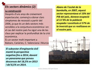 Els sectors dinàmics (2)                                      Abans de l'esclat de la
La construcció:                                               bambolla, en 2007, aquest
Després d'uns anys de creixement                              sector representava el 10% del
espectacular, començà a donar clars                           PIB del país, donava ocupació
símptomes de recessió a partir del                            al 11’3% de la població
2006, ja que és un dels sectors més                           ocupada i constituïa el 57% de
sensibles a la conjuntura econòmica i en                      la inversió que es realitzava en
el cas del nostre país ha sigut una de les                    el nostre país.
claus per explicar la profunditat de la crisi
econòmica.
És un sector molt important a
Balears, Canàries, C. Valenciana i Murcia.

El subsector d’enginyeria civil
manté la perspectiva
negativa fins a 2014, davant
un panorama que preveu
descensos del 18,5% en 2013
i del 8,5% en 2014.
                                  Gràcia Jiménez IES Sant Vicent
 