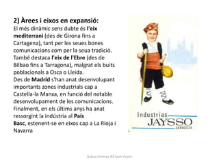 2) Àrees i eixos en expansió:
El més dinàmic sens dubte és l'eix
mediterrani (des de Girona fins a
Cartagena), tant per les seues bones
comunicacions com per la seua tradició.
També destaca l'eix de l'Ebre (des de
Bilbao fins a Tarragona), malgrat els buits
poblacionals a Osca o Lleida.
Des de Madrid s'han anat desenvolupant
importants zones industrials cap a
Castella-la Manxa, en funció del notable
desenvolupament de les comunicacions.
Finalment, en els últims anys ha anat
ressorgint la indústria al País
Basc, estenent-se en eixos cap a La Rioja i
Navarra



                              Gràcia Jiménez IES Sant Vicent
 