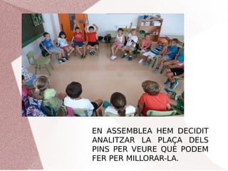 EN ASSEMBLEA HEM DECIDIT
ANALITZAR LA PLAÇA DELS
PINS PER VEURE QUÈ PODEM
FER PER MILLORAR-LA.
 