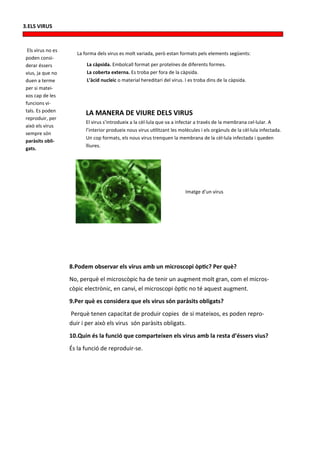 3.ELS VIRUS



  Els virus no es
                       La forma dels virus es molt variada, però estan formats pels elements següents:
 poden consi-
 derar éssers              La càpsida. Embolcall format per proteïnes de diferents formes.
 vius, ja que no           La coberta externa. Es troba per fora de la càpsida.
 duen a terme              L’àcid nucleic o material hereditari del virus. I es troba dins de la càpsida.
 per si matei-
 xos cap de les
 funcions vi-
 tals. Es poden
                           LA MANERA DE VIURE DELS VIRUS
 reproduir, per
                           El virus s’introdueix a la cèl·lula que va a infectar a través de la membrana cel·lular. A
 això els virus
                           l’interior produeix nous virus utilitzant les molècules i els orgànuls de la cèl·lula infectada.
 sempre són
                           Un cop formats, els nous virus trenquen la membrana de la cèl·lula infectada i queden
 paràsits obli-
                           lliures.
 gats.




                                                                           Imatge d’un virus




                    8.Podem observar els virus amb un microscopi òptic? Per què?
                    No, perquè el microscòpic ha de tenir un augment molt gran, com el micros-
                    còpic electrònic, en canvi, el microscopi òptic no té aquest augment.
                    9.Per què es considera que els virus són paràsits obligats?
                    Perquè tenen capacitat de produir copies de si mateixos, es poden repro-
                    duir i per això els virus són paràsits obligats.
                    10.Quin és la funció que comparteixen els virus amb la resta d’éssers vius?
                    És la funció de reproduir-se.
 