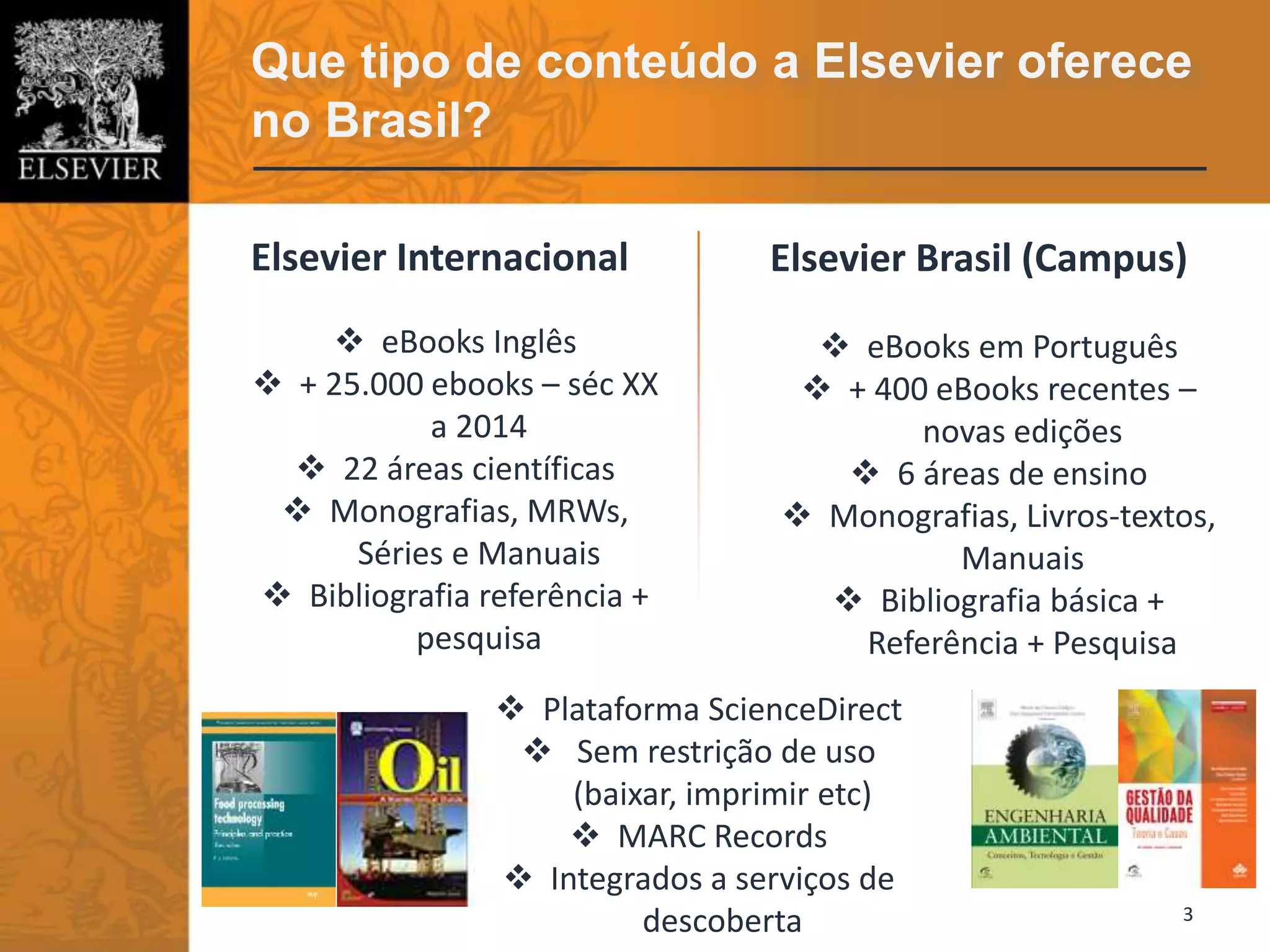 Que tipo de conteúdo a Elsevier oferece
no Brasil?
3
Elsevier Internacional
 eBooks Inglês
 + 25.000 ebooks – séc XX
a 2014
 22 áreas científicas
 Monografias, MRWs,
Séries e Manuais
 Bibliografia referência +
pesquisa
Elsevier Brasil (Campus)
 eBooks em Português
 + 400 eBooks recentes –
novas edições
 6 áreas de ensino
 Monografias, Livros-textos,
Manuais
 Bibliografia básica +
Referência + Pesquisa
 Plataforma ScienceDirect
 Sem restrição de uso
(baixar, imprimir etc)
 MARC Records
 Integrados a serviços de
descoberta
 