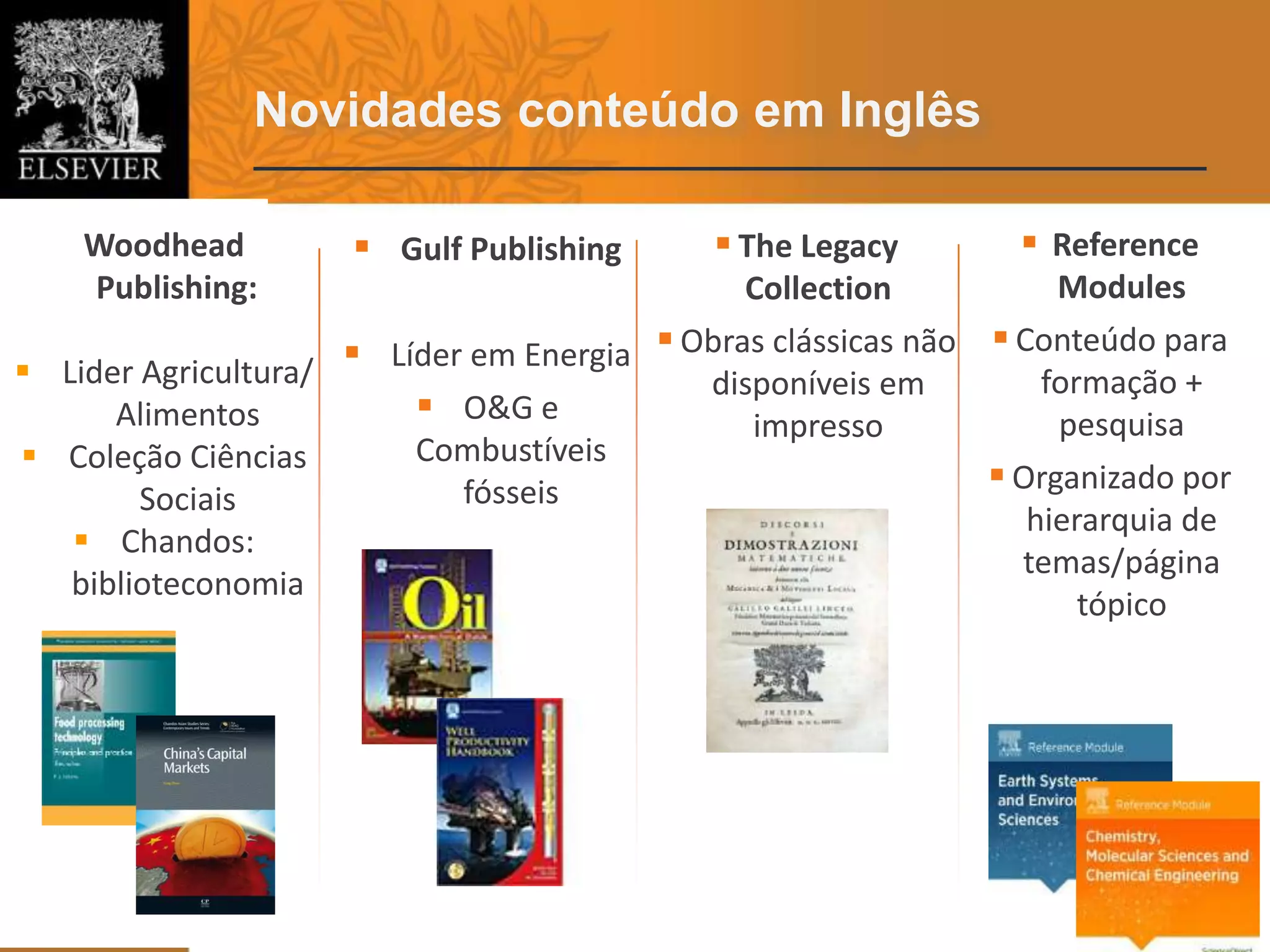 Novidades conteúdo em Inglês
5
 Gulf Publishing
 Líder em Energia
 O&G e
Combustíveis
fósseis
 The Legacy
Collection
 Obras clássicas não
disponíveis em
impresso
 Reference
Modules
 Conteúdo para
formação +
pesquisa
 Organizado por
hierarquia de
temas/página
tópico
Woodhead
Publishing:
 Lider Agricultura/
Alimentos
 Coleção Ciências
Sociais
 Chandos:
biblioteconomia
 
