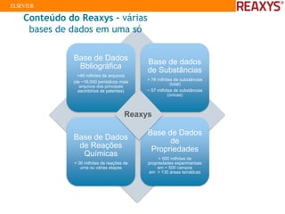 21
Base de Dados
Bbliográfica
>46 milhões de arquivos
(de ~16,000 periódicos mais
arquivos dos principais
esciritórios de patentes)
Base de dados
de Substâncias
> 78 milhões de substâncias
(total)
~ 57 milhões de substâncias
(únicas)
Base de Dados
de Reações
Químicas
> 36 milhões de reações de
uma ou várias etapas
Base de Dados
de
Propriedades
> 500 milhões de
propriedades experimentais
em > 500 campos
em > 130 áreas temáticas
Reaxys
Conteúdo do Reaxys – várias
bases de dados em uma só
 