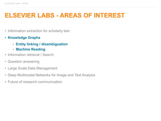ELSEVIER LABS - INTRO
ELSEVIER LABS - AREAS OF INTEREST
• Information extraction for scholarly text
• Knowledge Graphs
• Entity linking / disambiguation
• Machine Reading
• Information retrieval / Search
• Question answering
• Large Scale Data Management
• Deep Multimodal Networks for Image and Text Analysis
• Future of research communication
 