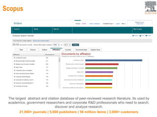 Scopus
The largest abstract and citation database of peer-reviewed research literature. Its used by
academics, government researchers and corporate R&D professionals who need to search,
discover and analyze research.
21,900+ journals | 5,000 publishers | 56 million items | 3,000+ customers
 