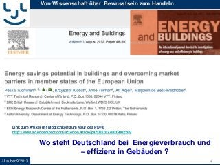 J.Lauber 9/2013 1
Von Wissenschaft über Bewusstsein zum Handeln
Wo steht Deutschland bei Energieverbrauch und
– effizienz in Gebäuden ?
http://www.sciencedirect.com/science/article/pii/S0378778812002289
Link zum Artikel mit Möglichkeit zum Kauf des PDFs
 