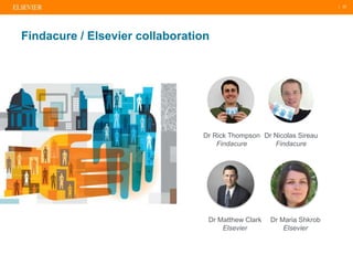 | 22
Findacure / Elsevier collaboration
Dr Rick Thompson
Findacure
Dr Nicolas Sireau
Findacure
Dr Matthew Clark
Elsevier
Dr Maria Shkrob
Elsevier
 