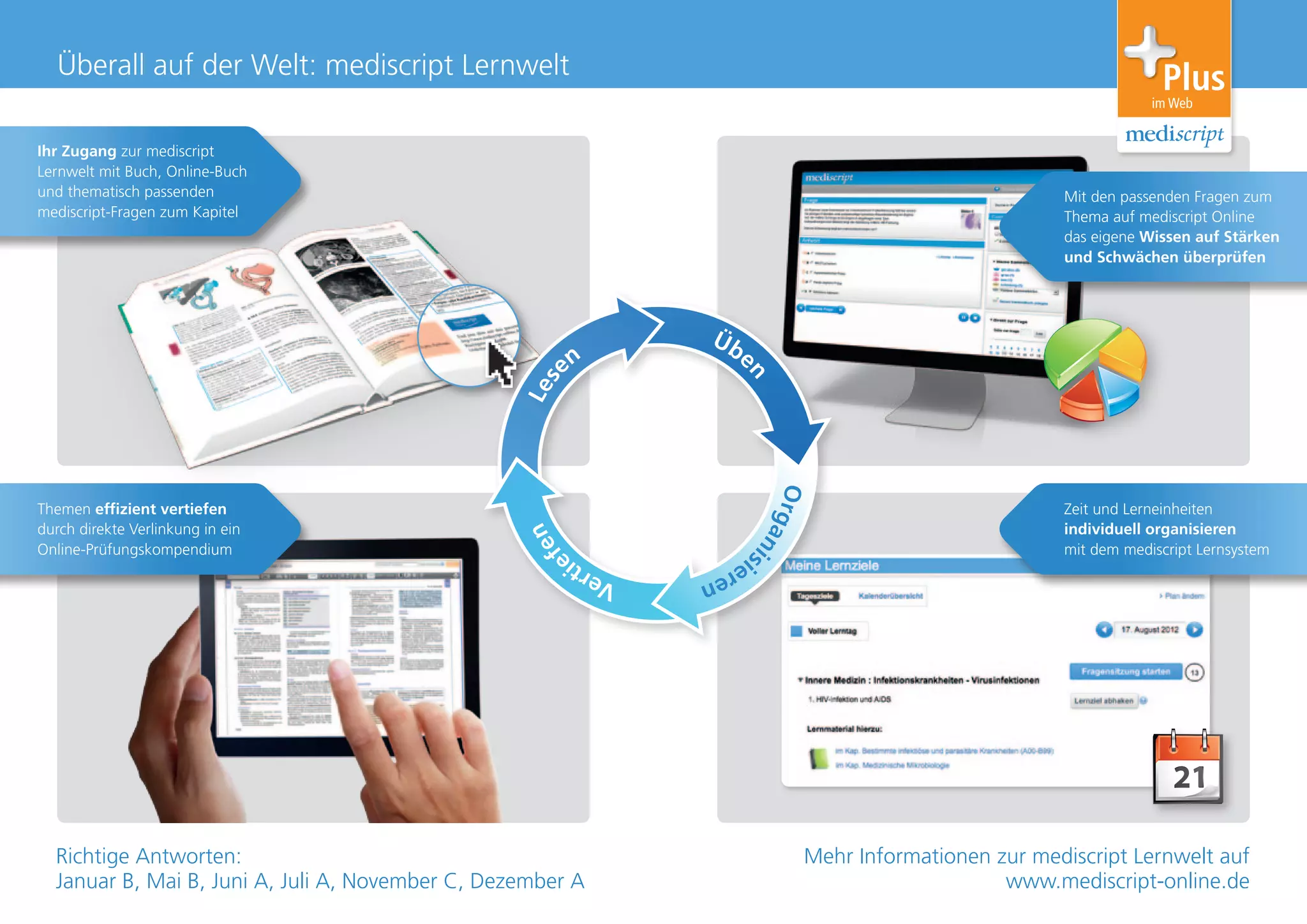 Überall auf der Welt: mediscript Lernwelt
Mehr Informationen zur mediscript Lernwelt auf
www.mediscript-online.de
Richtige Antworten:
Januar B, Mai B, Juni A, Juli A, November C, Dezember A
Themen effizient vertiefen
durch direkte Verlinkung in ein
Online-Prüfungskompendium
Zeit und Lerneinheiten
­individuell organisieren
mit dem mediscript Lernsystem
Ihr Zugang zur mediscript
Lernwelt mit Buch, Online-Buch
und thematisch passenden
mediscript-Fragen zum Kapitel
Mit den passenden Fragen zum
Thema auf mediscript Online
das eigene Wissen auf Stärken
und Schwächen überprüfen
 