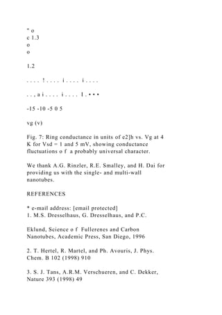 " o
c 1.3
o
o
1.2
. . . . ! . . . . i . . . . i . . . .
. . , a i . . . . i . . . . I . • • •
-15 -10 -5 0 5
vg (v)
Fig. 7: Ring conductance in units of e2]h vs. Vg at 4
K for Vsd = 1 and 5 mV, showing conductance
fluctuations o f a probably universal character.
We thank A.G. Rinzler, R.E. Smalley, and H. Dai for
providing us with the single- and multi-wall
nanotubes.
REFERENCES
* e-mail address: [email protected]
1. M.S. Dresselhaus, G. Dresselhaus, and P.C.
Eklund, Science o f Fullerenes and Carbon
Nanotubes, Academic Press, San Diego, 1996
2. T. Hertel, R. Martel, and Ph. Avouris, J. Phys.
Chem. B 102 (1998) 910
3. S. J. Tans, A.R.M. Verschueren, and C. Dekker,
Nature 393 (1998) 49
 