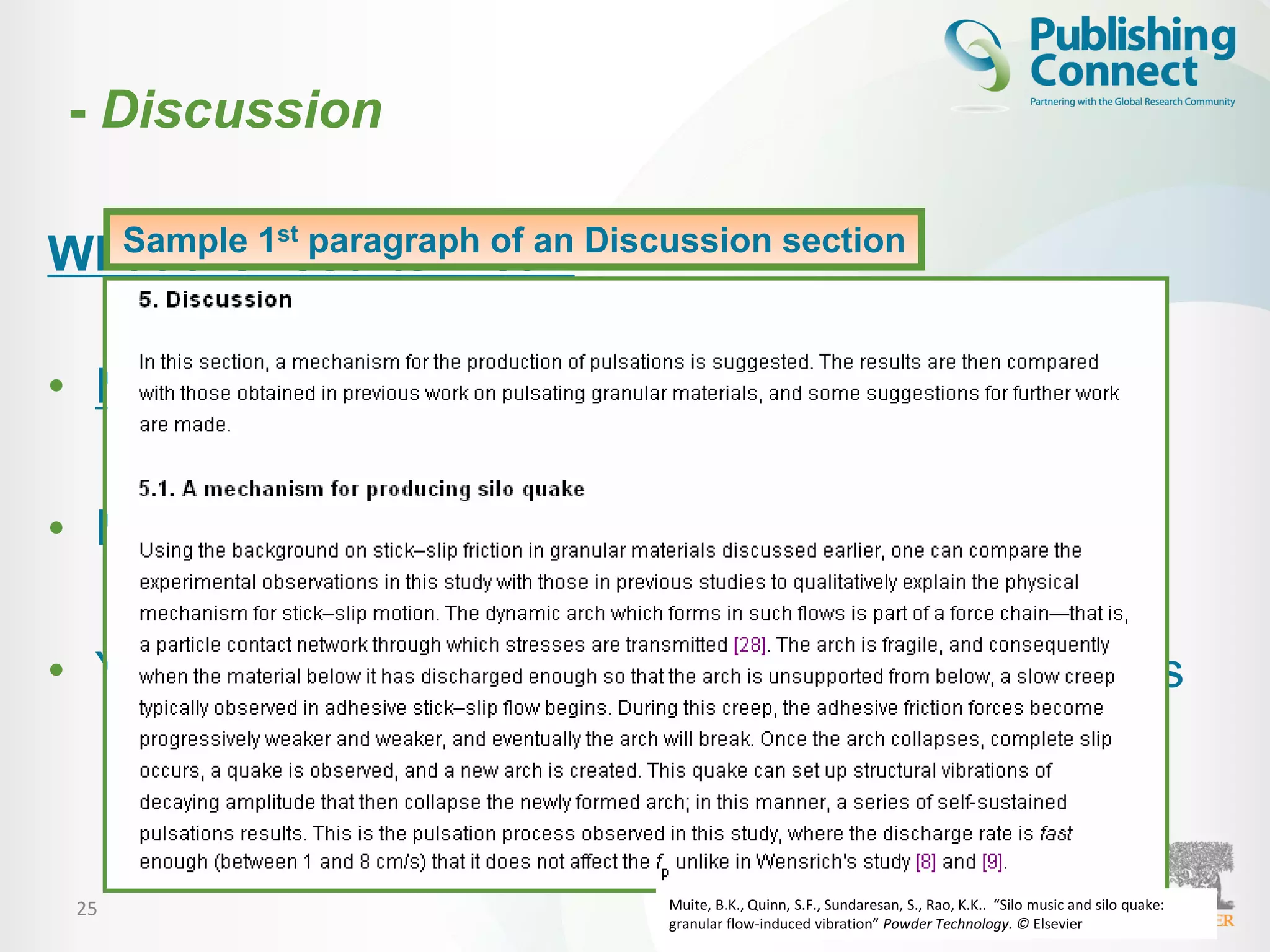25
What the results mean
• Most important section
• Make the Discussion correspond to the Results
• You need to compare published results with yours
Sample 1st paragraph of an Discussion section
Muite, B.K., Quinn, S.F., Sundaresan, S., Rao, K.K.. “Silo music and silo quake:
granular flow-induced vibration” Powder Technology. © Elsevier
- Discussion
 