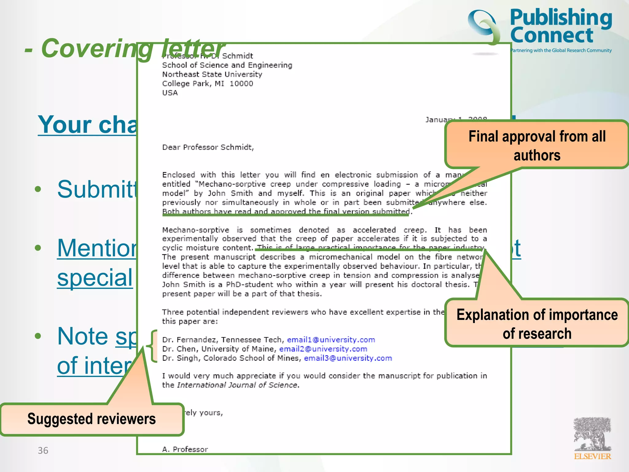 36
• Submitted along with your manuscript
• Mention what would make your manuscript
special to the journal
• Note special requirements (reviewers, conflicts
of interest)
Your chance to speak to the editor directly
Final approval from all
authors
Explanation of importance
of research
Suggested reviewers
- Covering letter
 
