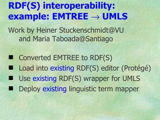 RDF(S) interoperability:
example: EMTREE → UMLS
Work by Heiner Stuckenschmidt@VU
  and Maria Taboada@Santiago

   Converted EMTREE to RDF(S)
   Load into existing RDF(S) editor (Protégé)
   Use existing RDF(S) wrapper for UMLS
   Deploy existing linguistic term mapper
 