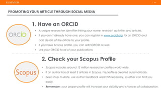 | 24| 24| 24
PROMOTING YOUR ARTICLE THROUGH SOCIAL MEDIA
1. Have an ORCID
• A unique researcher identifier linking your na...