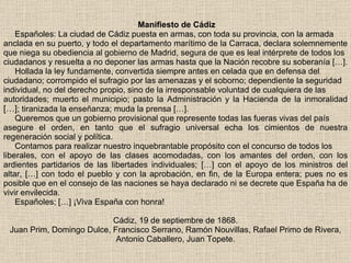   Manifiesto de Cádiz Españoles: La ciudad de Cádiz puesta en armas, con toda su provincia, con la armada anclada en su pu...