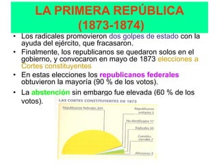 LA PRIMERA REPÚBLICA
            (1873-1874)
• Los radicales promovieron dos golpes de estado con la
  ayuda del ejército, que fracasaron.
• Finalmente, los republicanos se quedaron solos en el
  gobierno, y convocaron en mayo de 1873 elecciones a
  Cortes constituyentes
• En estas elecciones los republicanos federales
  obtuvieron la mayoría (90 % de los votos).
• La abstención sin embargo fue elevada (60 % de los
  votos).
 