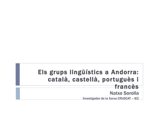 Els grups lingüístics a Andorra: català, castellà, portuguès i francès Natxo Sorolla Investigador de la Xarxa CRUSCAT – IEC 