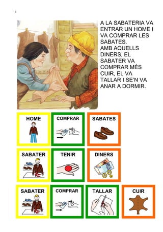 4


                          A LA SABATERIA VA
                          ENTRAR UN HOME I
                          VA COMPRAR LES
                          SABATES.
                          AMB AQUELLS
                          DINERS, EL
                          SABATER VA
                          COMPRAR MÉS
                          CUIR, EL VA
                          TALLAR I SE’N VA
                          ANAR A DORMIR.




     HOME     COMPRAR   SABATES




    SABATER    TENIR    DINERS




    SABATER   COMPRAR   TALLAR      CUIR
 