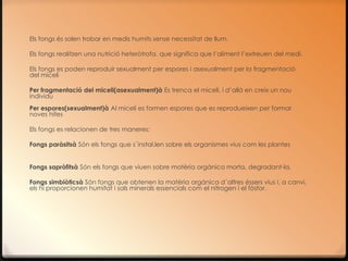 Els fongs és solen trobar en medis humits sense necessitat de llum.

Els fongs realitzen una nutrició heteròtrofa, que significa que l’aliment l’extreuen del medi.

Els fongs es poden reproduir sexualment per espores i asexualment per la fragmentació
del miceli

Per fragmentació del miceli(asexualment)à Es trenca el miceli, i d’allà en creix un nou
individu
Per espores(sexualment)à Al miceli es formen espores que es reprodueixen per formar
noves hifes

Els fongs es relacionen de tres maneres:

Fongs paràsitsà Són els fongs que s´instal.len sobre els organismes vius com les plantes


Fongs sapròfitsà Són els fongs que viuen sobre matèria orgànica morta, degradant-la.

Fongs simbiòticsà Són fongs que obtenen la matèria orgánica d´altres éssers vius i, a canvi,
els hi proporcionen humitat i sals minerals essencials com el nitrogen i el fòsfor.
 