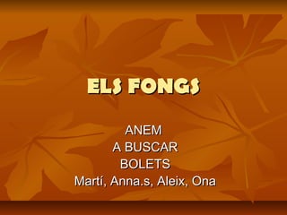 ELS FONGS
ANEM
A BUSCAR
BOLETS
Martí, Anna.s, Aleix, Ona

 