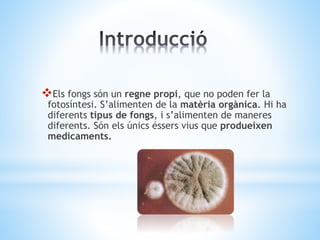 Els fongs són un regne propi, que no poden fer la 
fotosíntesi. S’alimenten de la matèria orgànica. Hi ha 
diferents tipus de fongs, i s’alimenten de maneres 
diferents. Són els únics éssers vius que produeixen 
medicaments. 
 