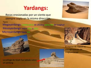 Yardangs:
   Rocas erosionadas por un viento que
   siempre sopla en la misma dirección.
Tipos:
Megayardangs: cientos de m de altura y varios km de longitud
Mesoyardangs: entre 10m y 15m
Microyardangs: hasta 1m



                                                               El macizo de Tibesti es
                                                               una agrupación de
                                                               megayardangs


La esfinge de Gizeh fue tallada sobre
un yardang
 