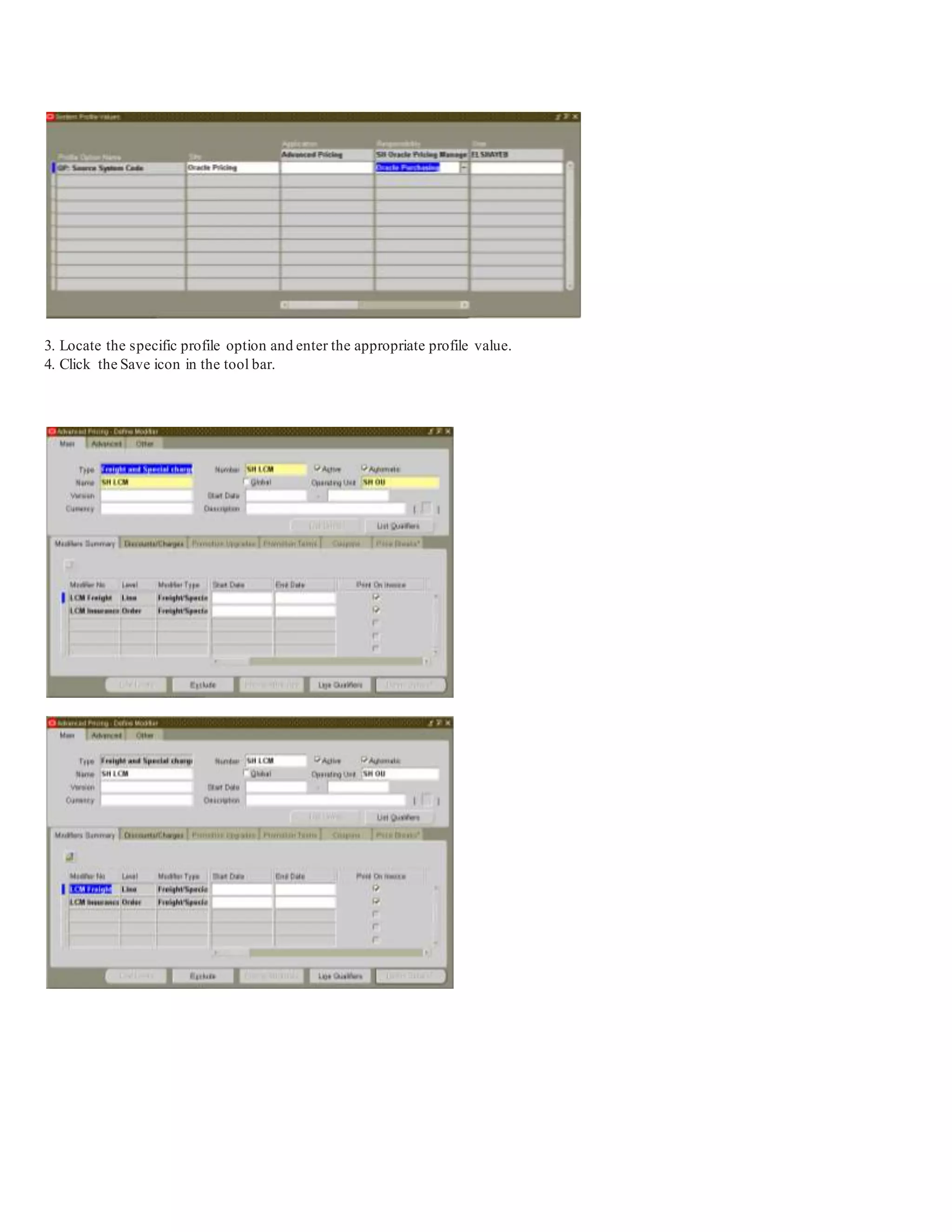 3. Locate the specific profile option and enter the appropriate profile value.
4. Click the Save icon in the tool bar.
 